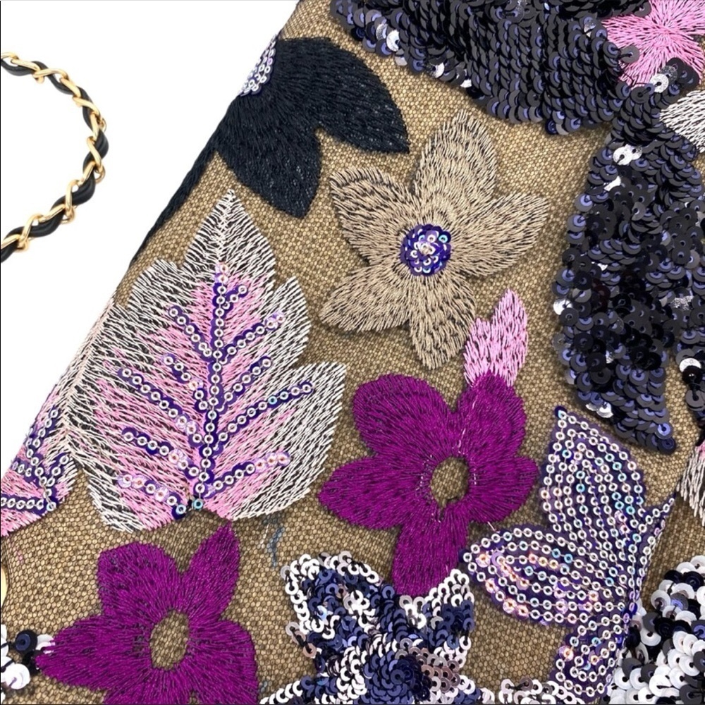 Floral Embroidered Sequin Woven Jute Clutch Shoulder Bag - Picture 3 of 15
